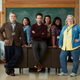 From left to right: Patton Oswalt as Principal Durbin, Mary Sohn as Mary, Glenn Howerton as Jack, Jean Villepique as Michelle, Lyric Lewis as Stef, Paula Pell as Helen in Peacock’s A.P. Bio